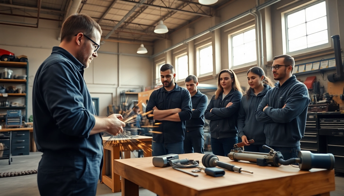 Trade school Knoxville TN students actively learning skilled trades in a vibrant workshop environment.