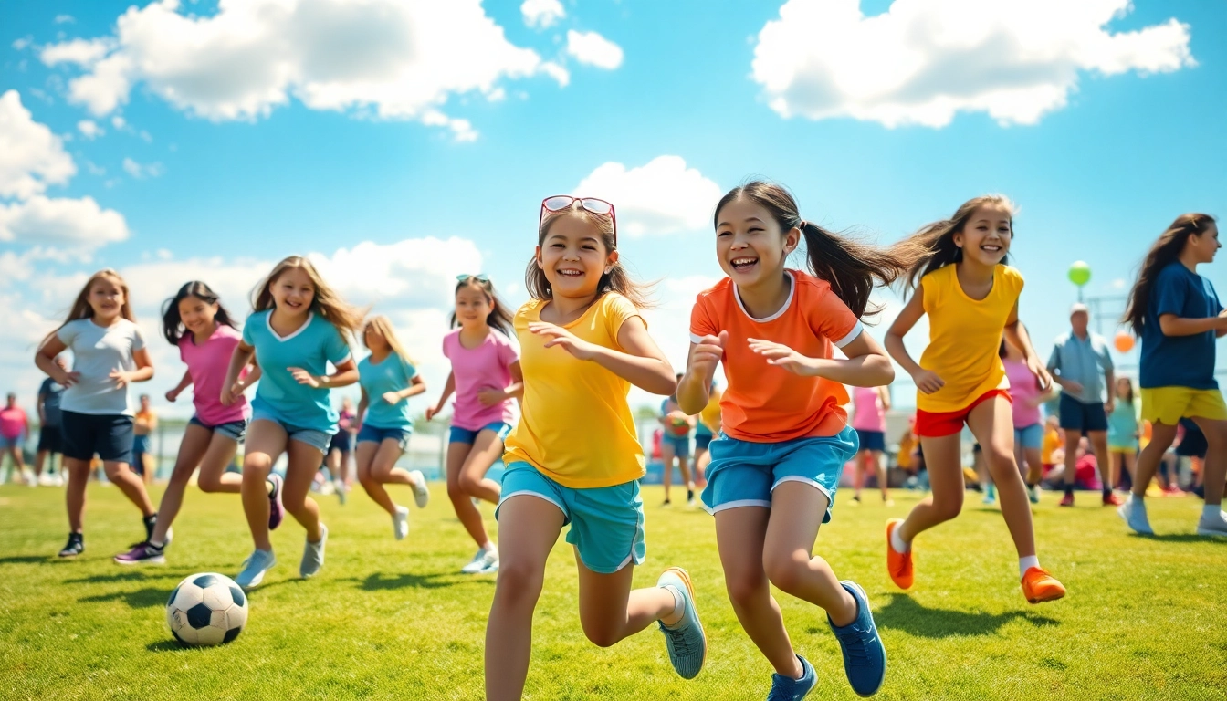 Girls engaged in active play during Multi Sports Camps for Girls, showcasing teamwork and joy.