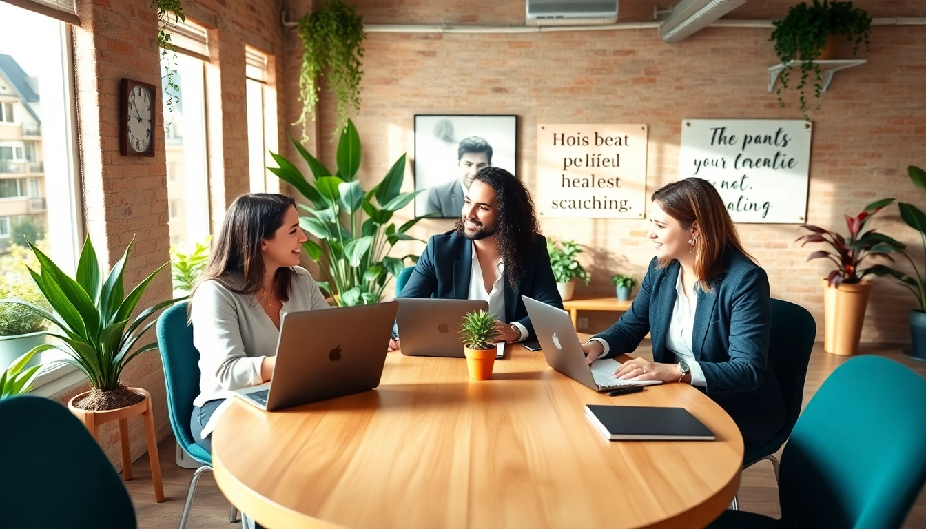 Healers in business engaged in a collaborative meeting within a vibrant office space.