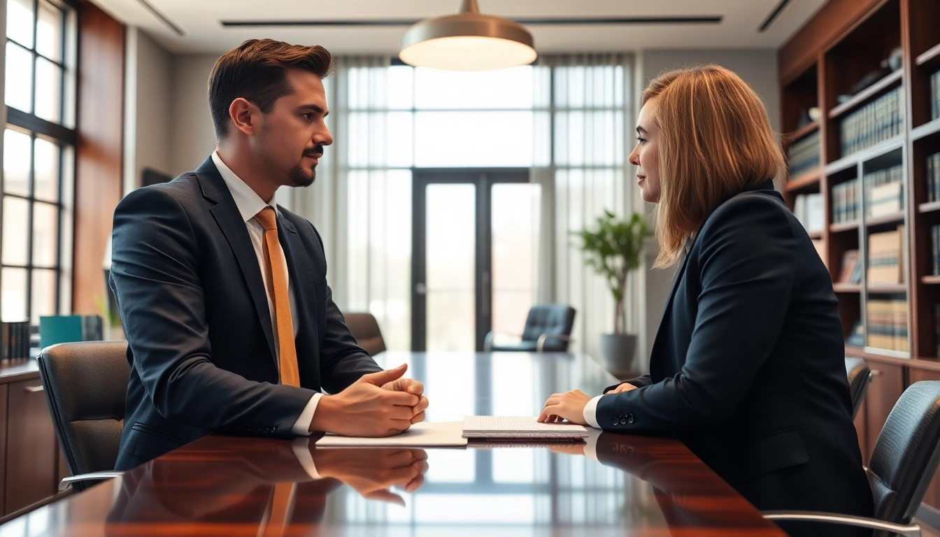 Engaged experienced criminal defense lawyer near me advising a client in a modern office.