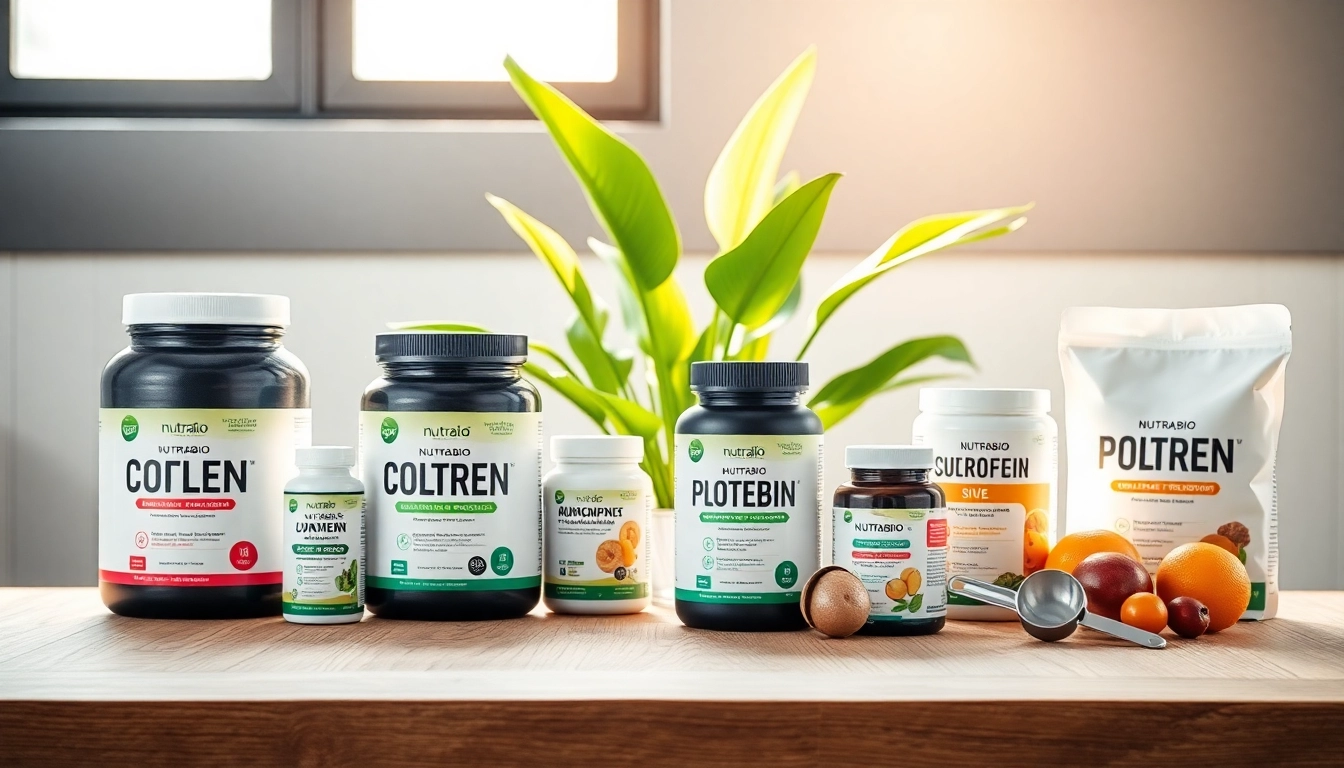 Nutrabio products showcased on a wooden table, emphasizing health and vitality.