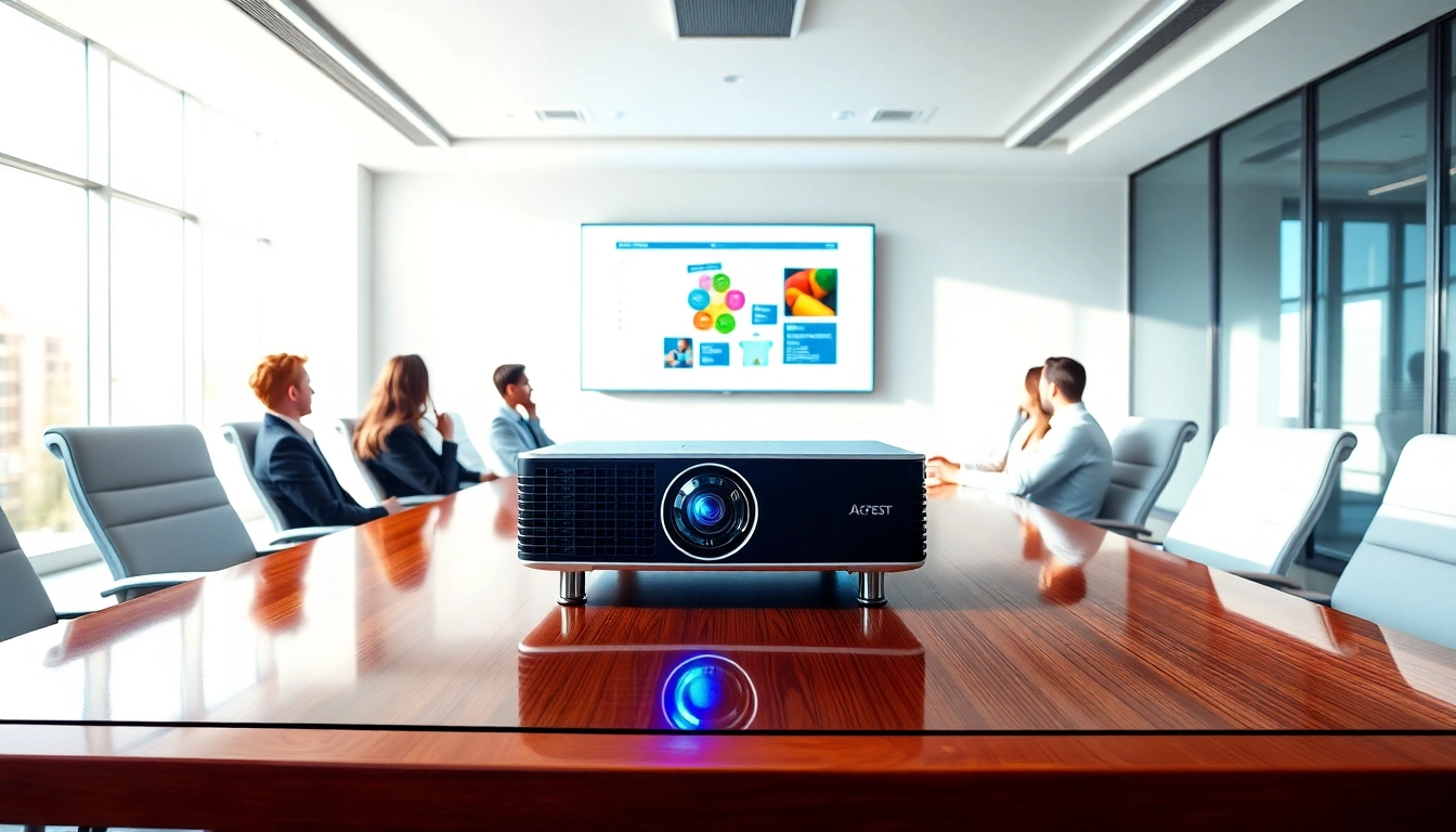 Projector illuminating a vibrant presentation in a modern conference room setup.