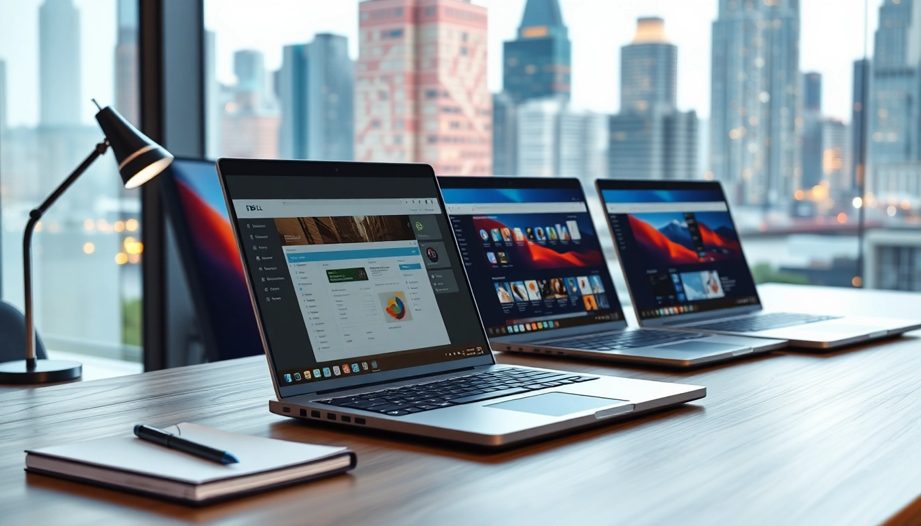 Comparar laptops dell en una oficina moderna con vista a la ciudad.