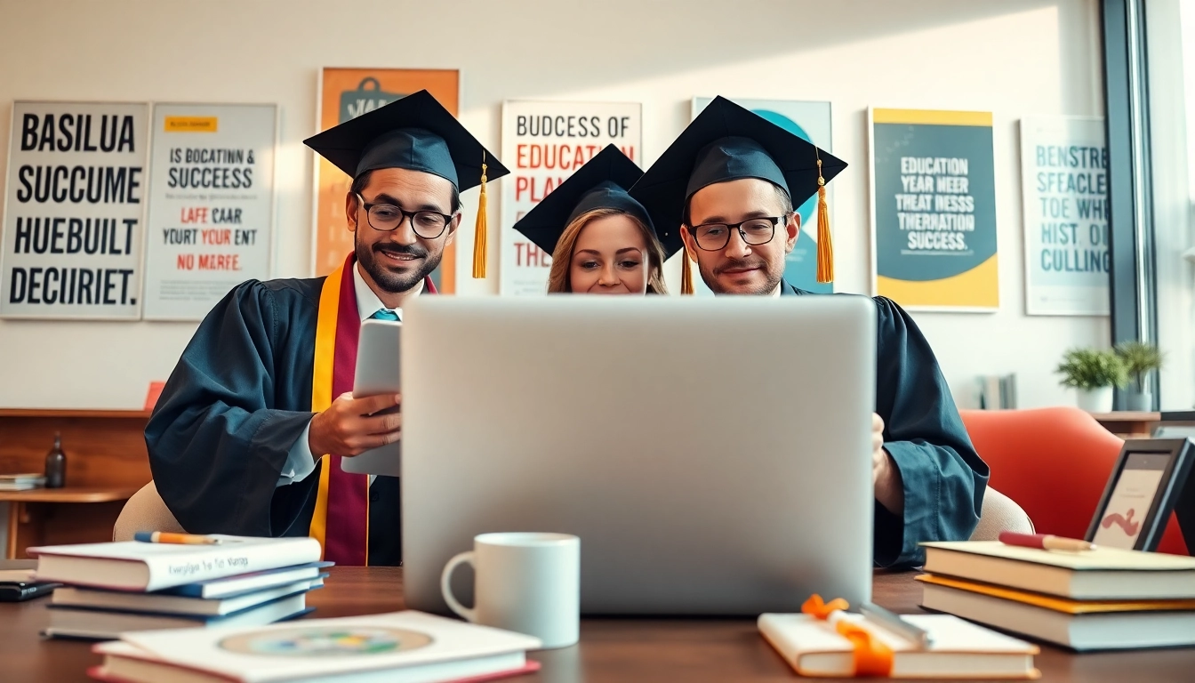 Search results for where to buy phd degree displayed on a laptop surrounded by motivated students.