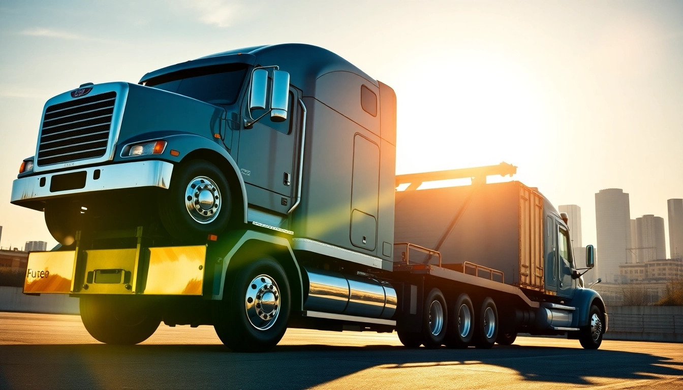 Towing a semi-truck with 24 hour big rig towing service in an urban setting, showcasing a heavy-duty tow truck.