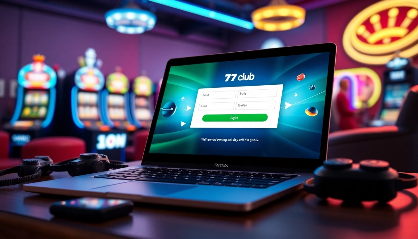 Access the 77 club login interface with engaging gaming elements for seamless user experience.