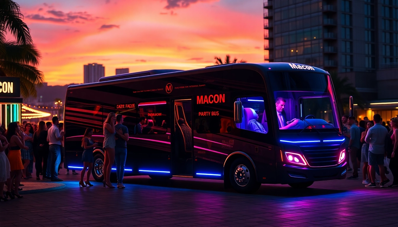 Macon party bus ready for fun; vibrant energy with stylish party-goers outside a venue.