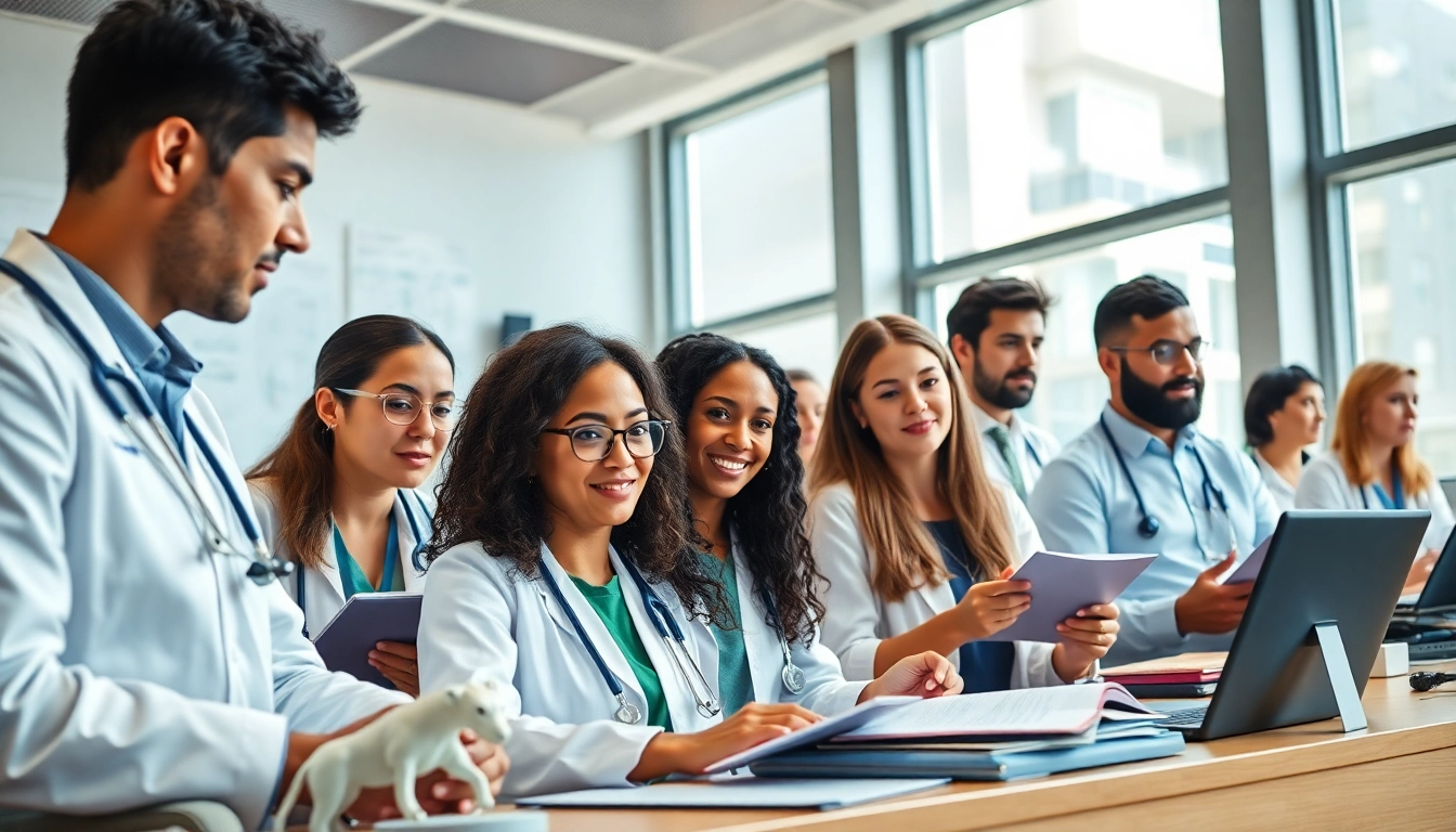 Studierende im Medizinstudium ohne Aufnahmeprüfung arbeiten gemeinsam in einem modernen Hörsaal.
