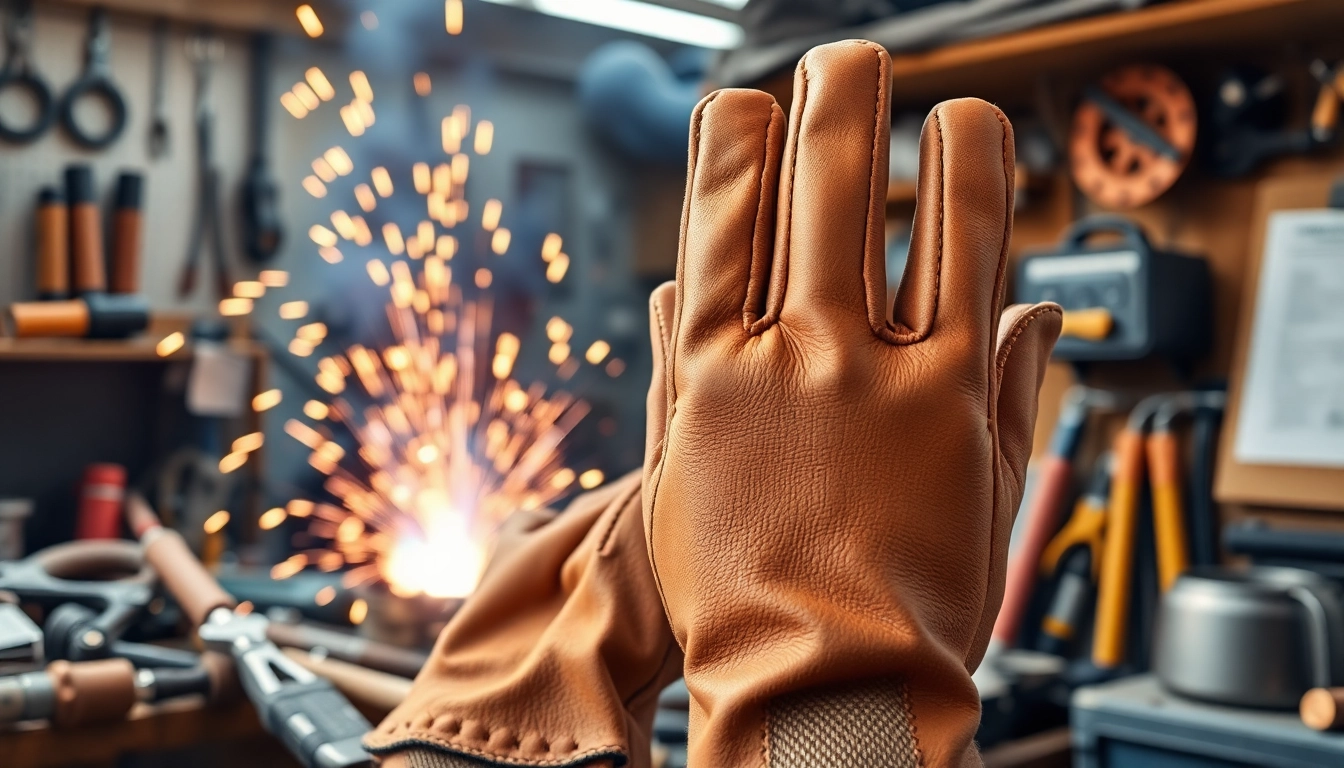 Welding gloves showcased in a professional workshop, highlighting durability and craftsmanship.