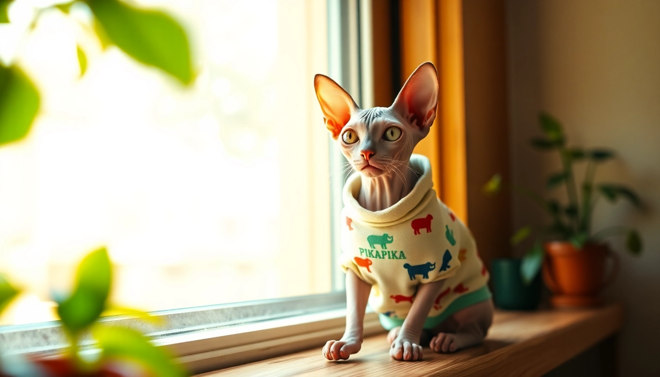 Showcasing stylish PIKAPIKA Sphynx Clothes on an adorable Sphynx cat in a bright setting.