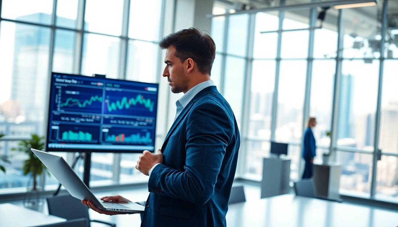 Stock picker analyzing data in a modern office setting with market insights.