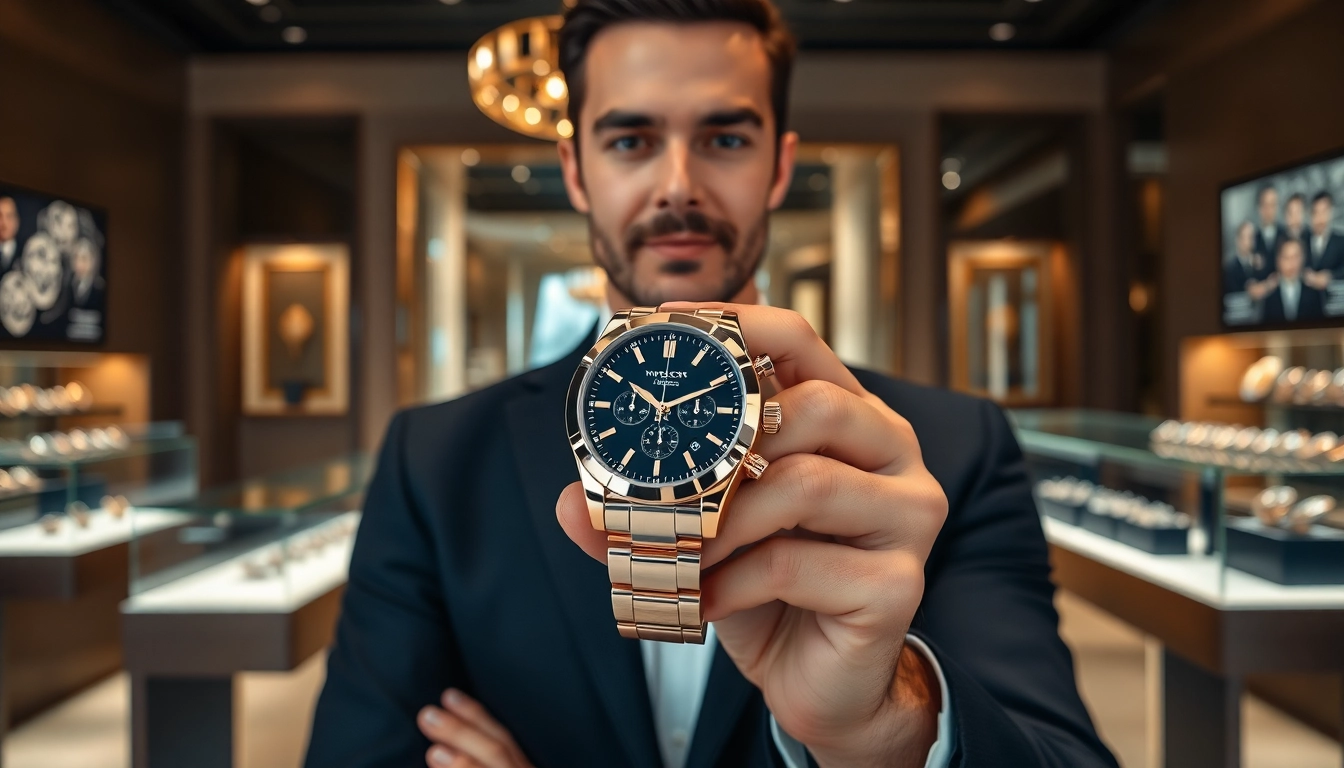 Sell luxury watch in an elegant jewelry store setting highlighting luxury details.