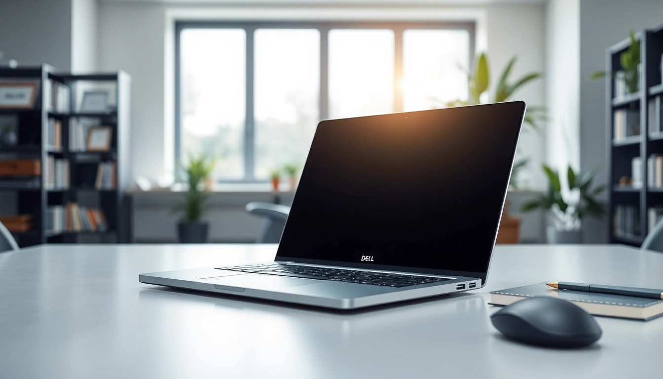 Laptops Dell en un entorno de oficina profesional con un diseño elegante y moderno.