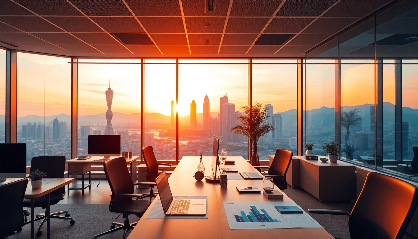Menganalisis data Macau di kantor modern dengan pemandangan cakrawala dan suasana cerah.