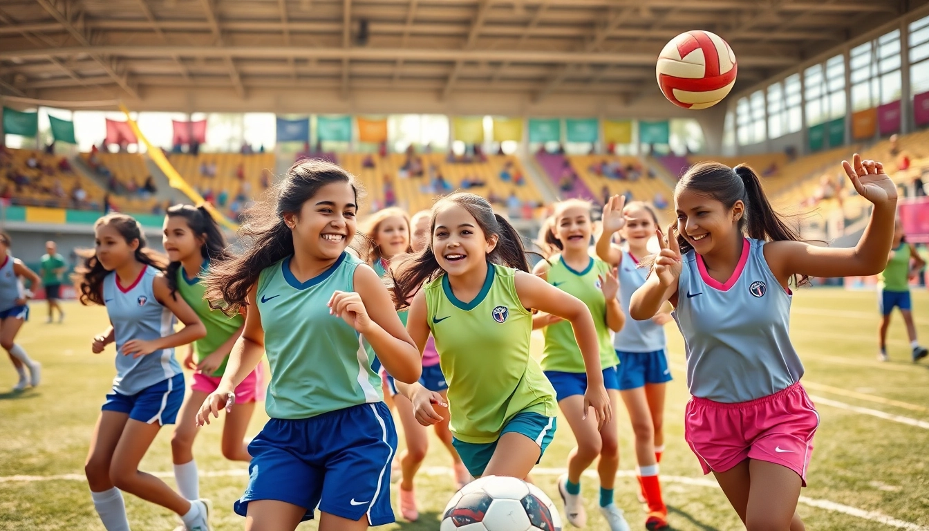 Girls actively participating in Multi Sports Camps for Girls, showcasing teamwork and fun.