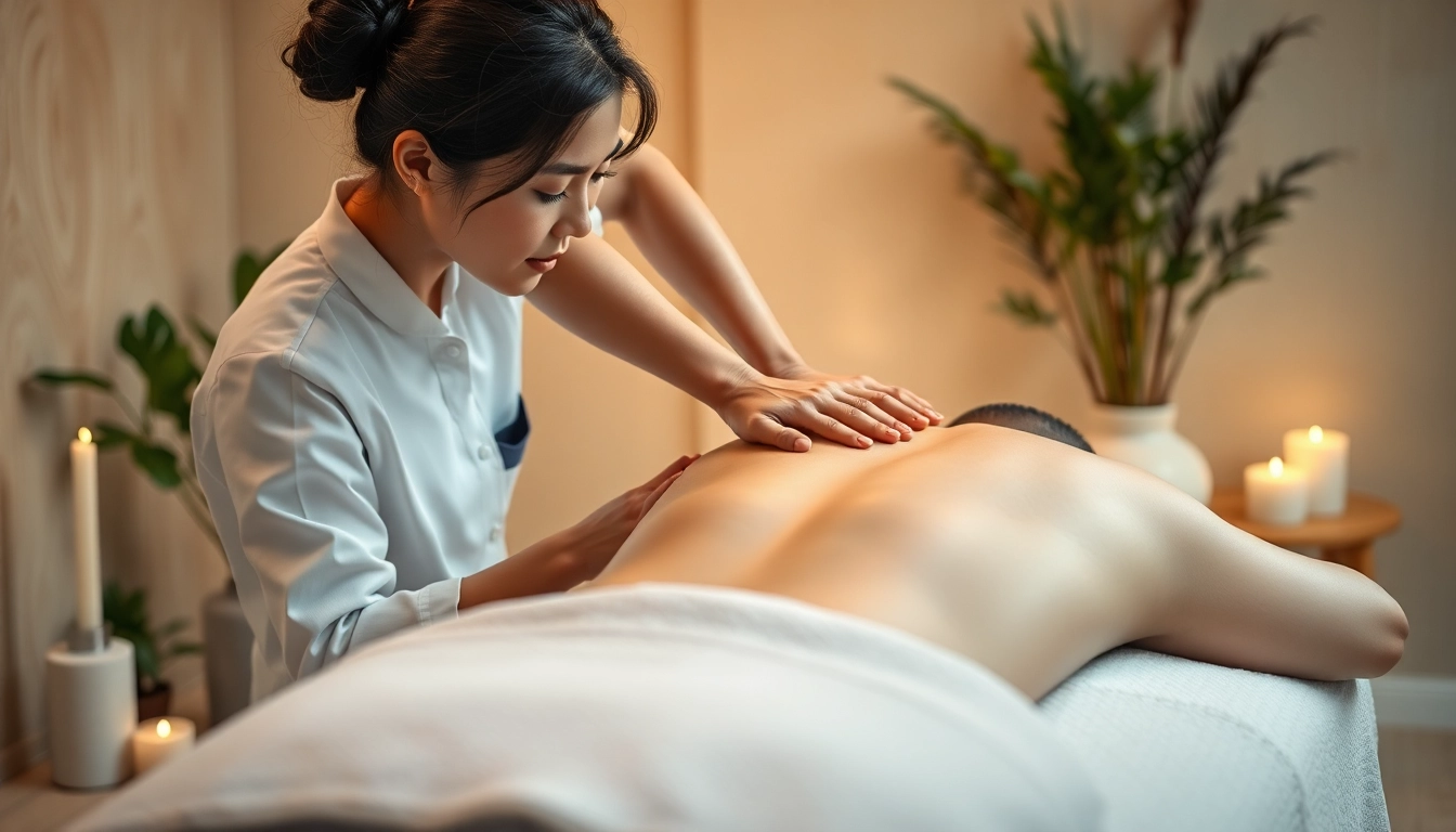 출장마사지 중인 전문 마사지사와 Relaxing한 분위기의 배경