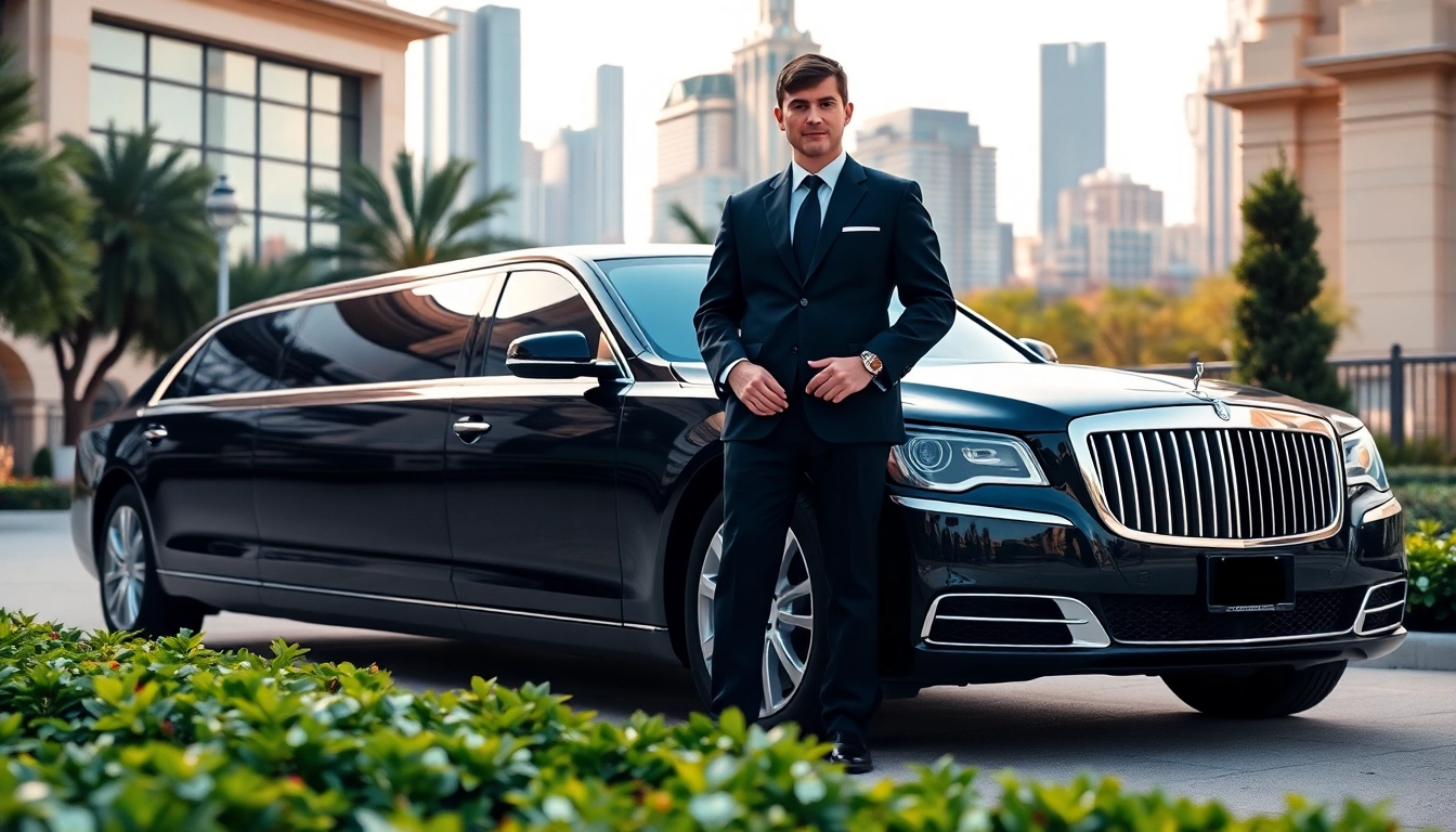 Experience luxury nationwide limo service with our professional chauffeur beside a sleek limousine.