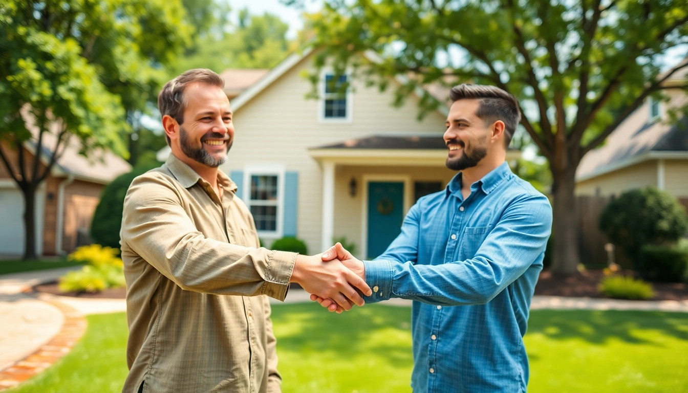 Selling my house no realtor Little Rock, AR with a happy homeowner meeting potential buyers in a sunny suburban setting.
