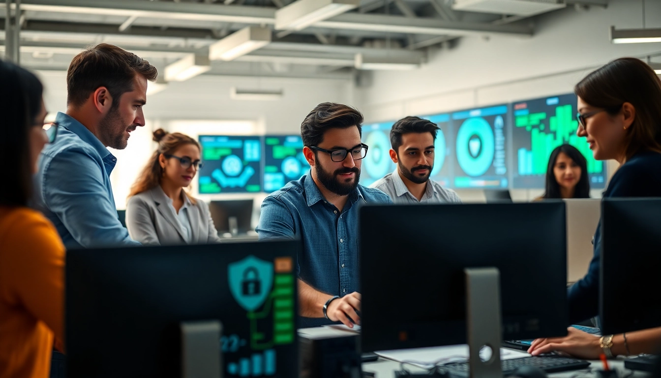 Provide comprehensive Cyber security services through a dedicated team's collaborative efforts in a modern office.