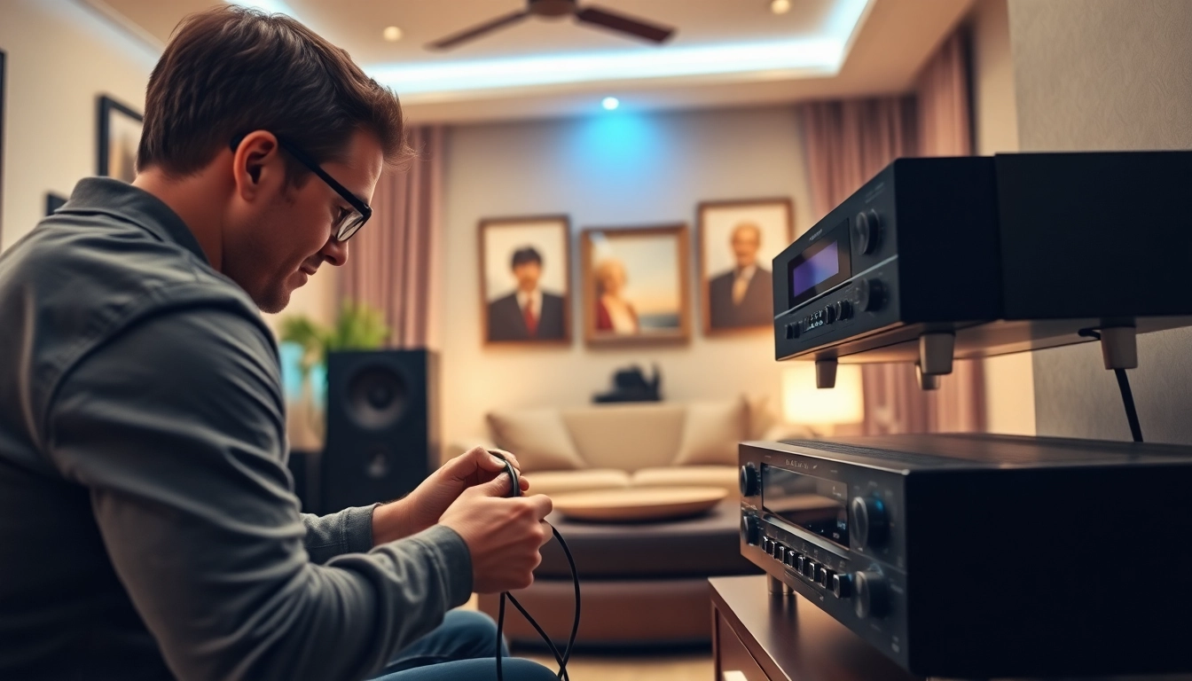 Home audio installation near me with a technician expertly setting up speakers in a cozy living room.