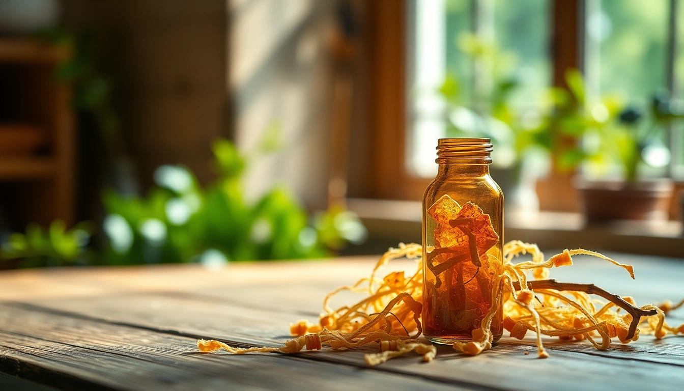 Apply myrrh resin from a glass vial in an organic, rustic setting.