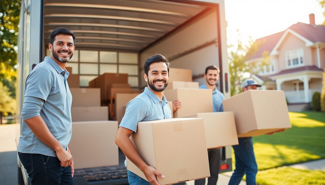 Moving company Canada team loading a truck with care and efficiency in a bright suburban setting.