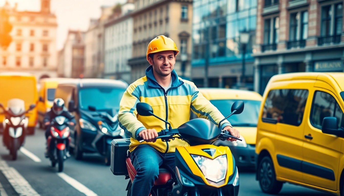 Same day courier service in London showcasing a fast courier amidst the city streets.