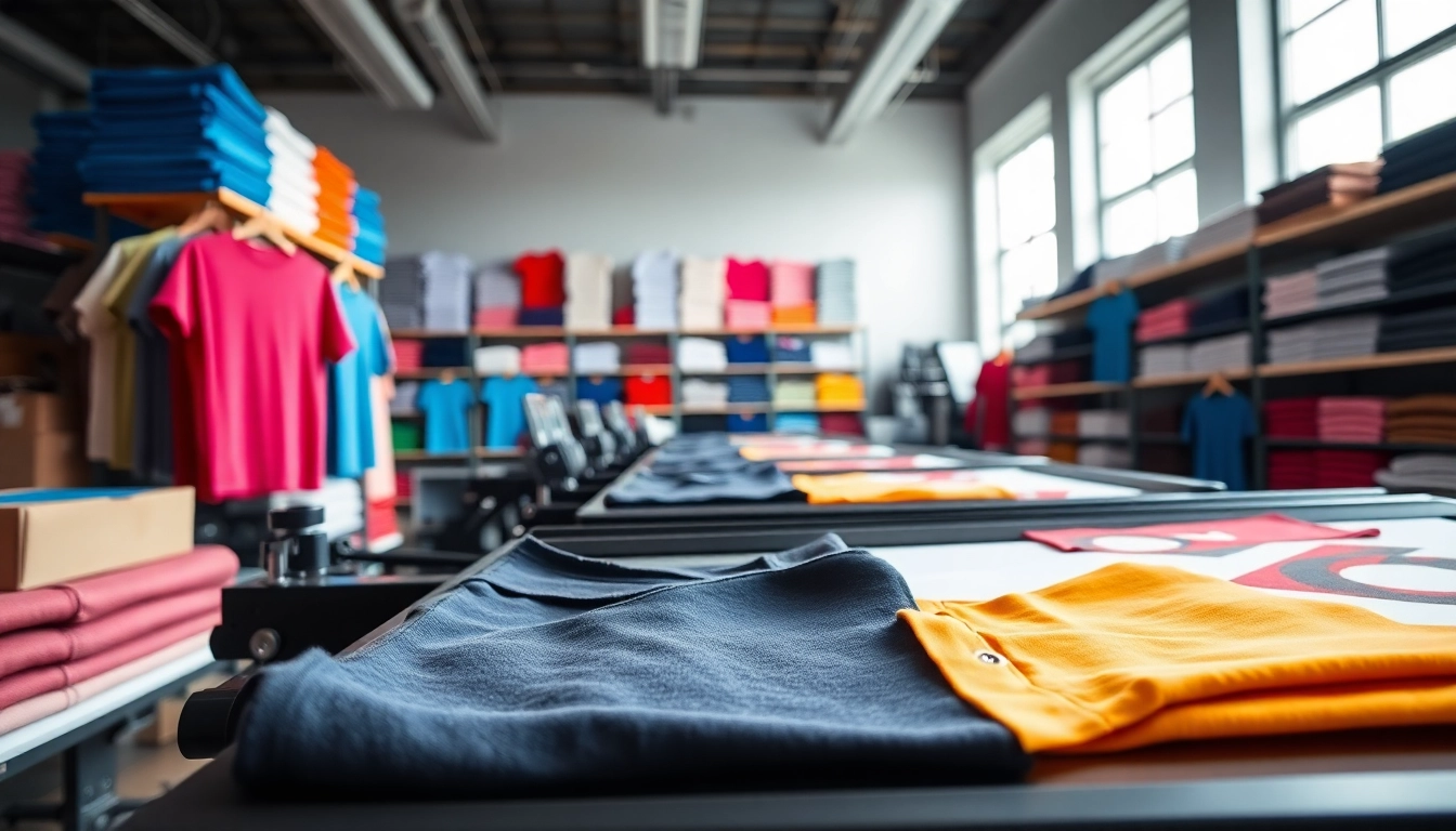 Explore t shirt printing edmonton with vibrant designs in a professional printing workshop.