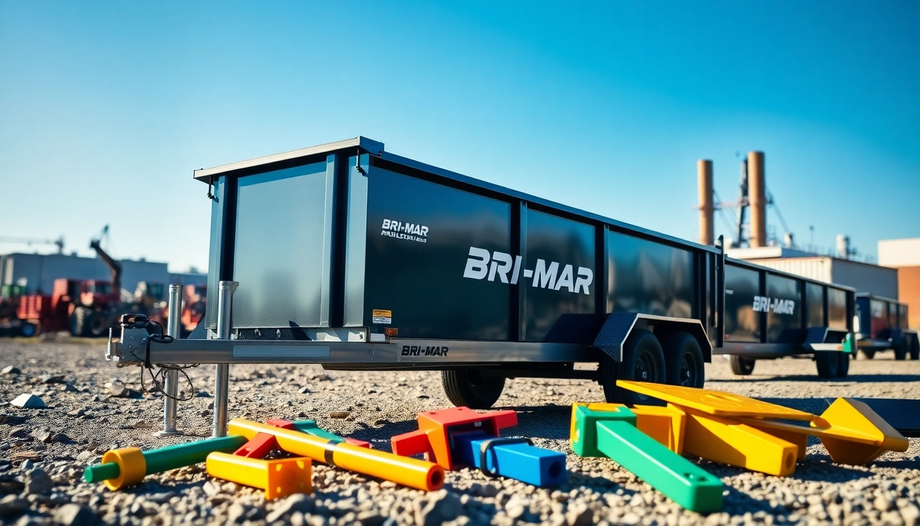 Bri-Mar trailers for sale near me displayed prominently in an industrial setting with tools and bright sunlight.