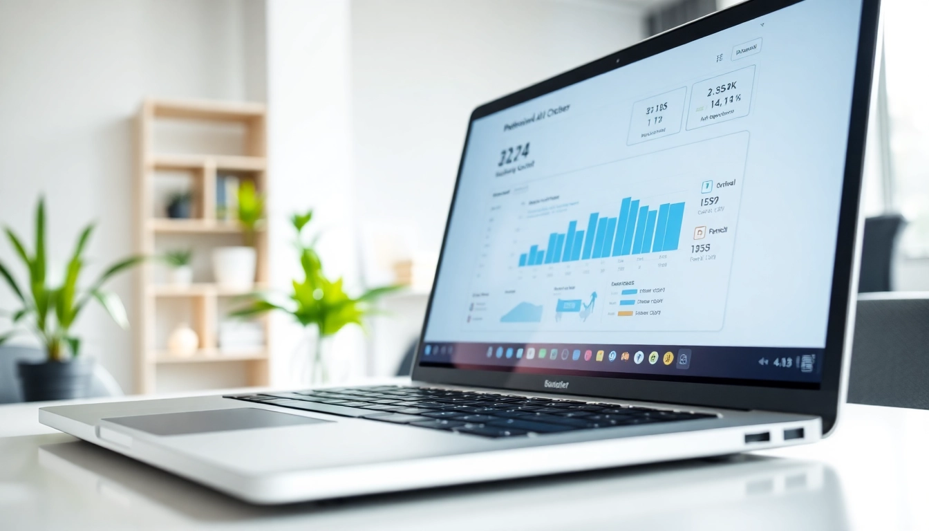 Analyze text using an AI checker displayed on a modern laptop in a professional office.