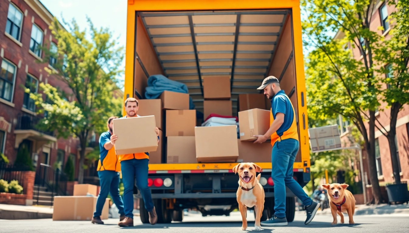 Professional Queens movers loading a truck with household items in a sunny neighborhood.