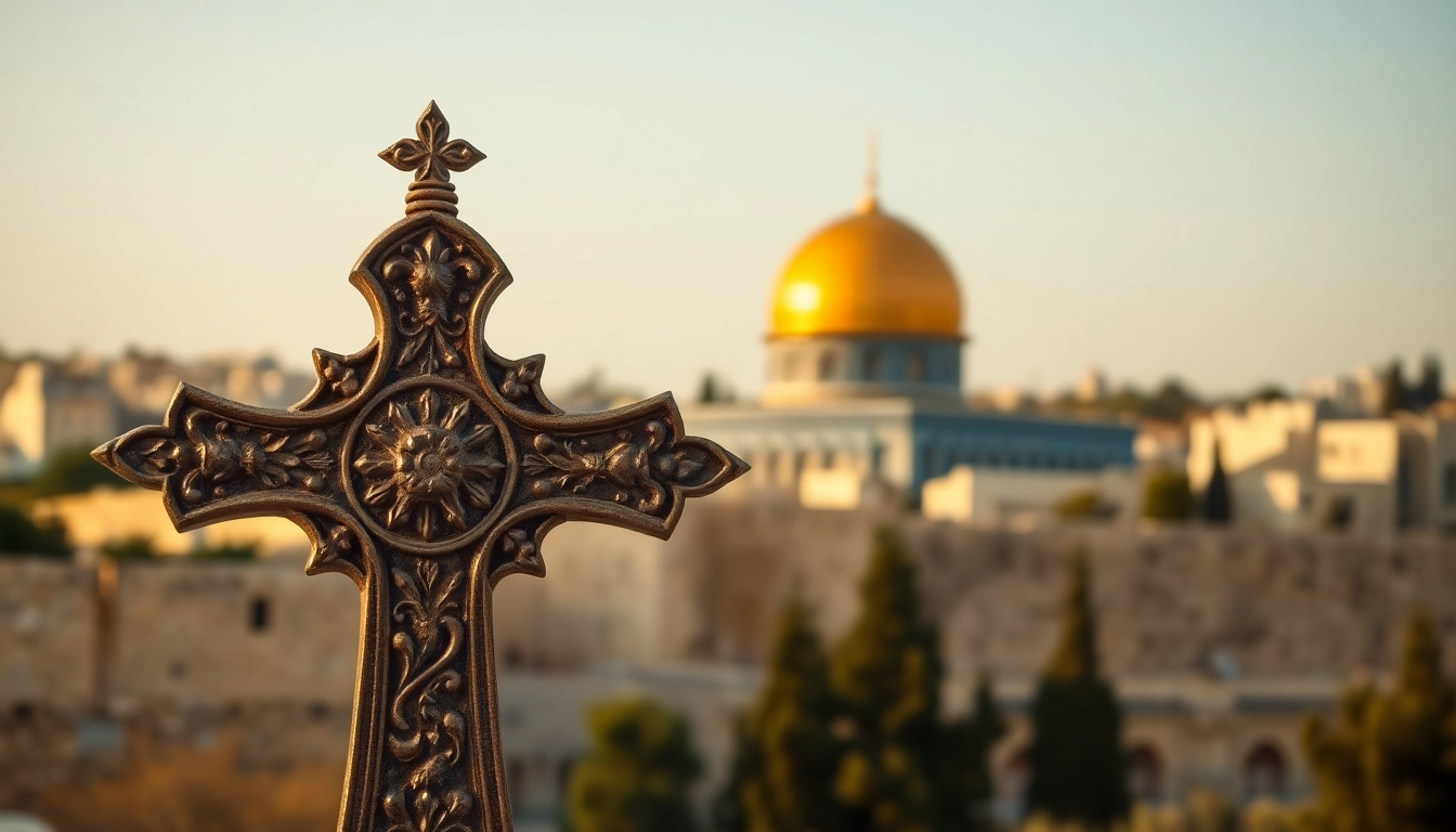 Admire handcrafted Jerusalem crosses featuring detailed carvings and a serene Jerusalem backdrop.