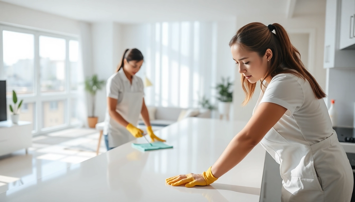 Efficient bond cleaning Logan service team at work in a bright, modern kitchen.