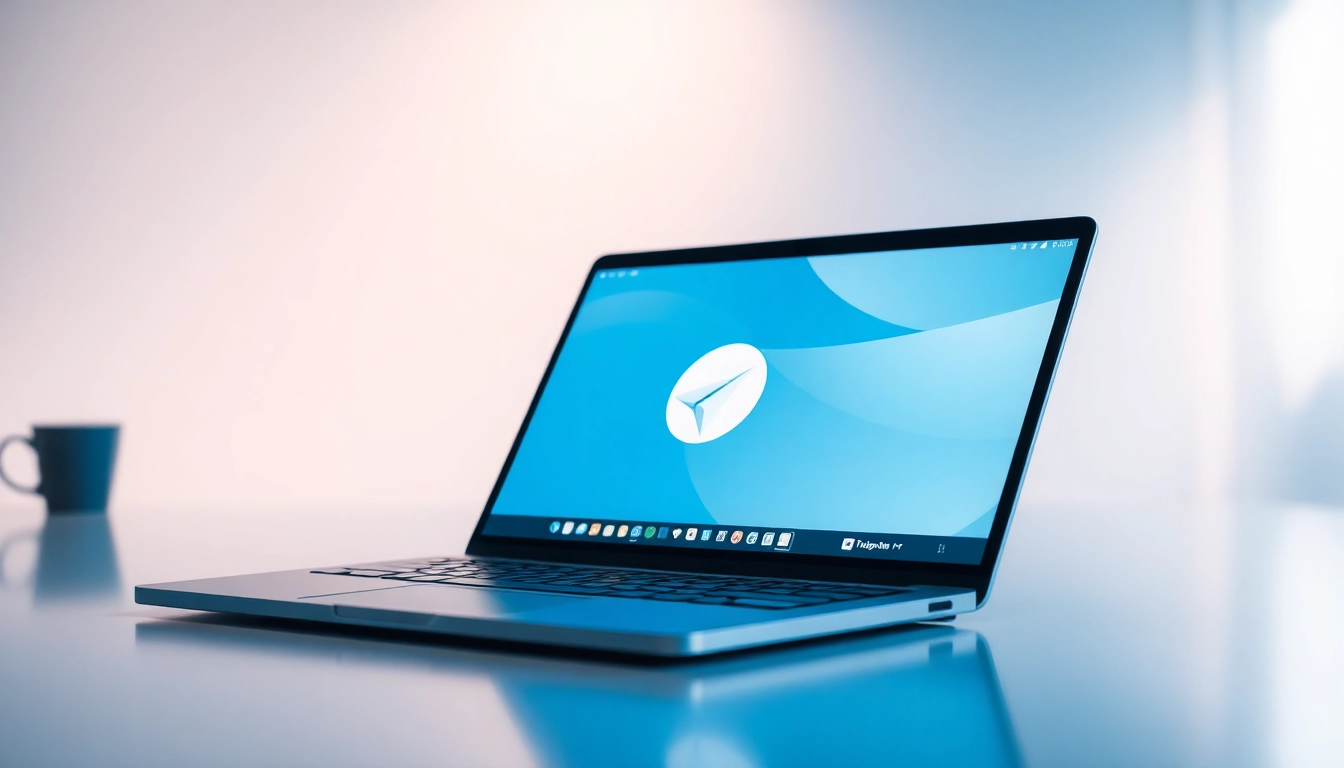Engage with the Telegram電腦版 interface on a sleek laptop display showcasing its features and design.