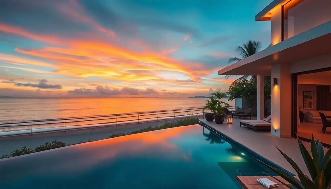 Phuket real estate agent showcasing a stunning beachfront villa at sunset, highlighting luxury living.