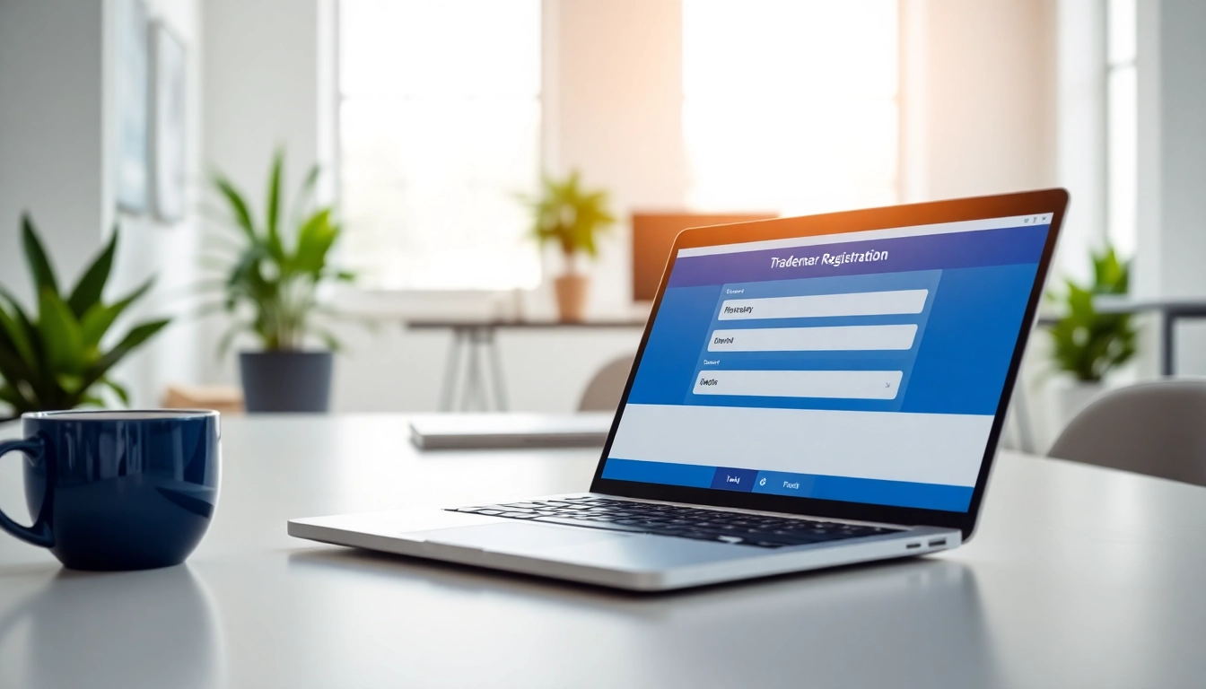Enhance your brand with the online trademark registration platform interface visible on a laptop.