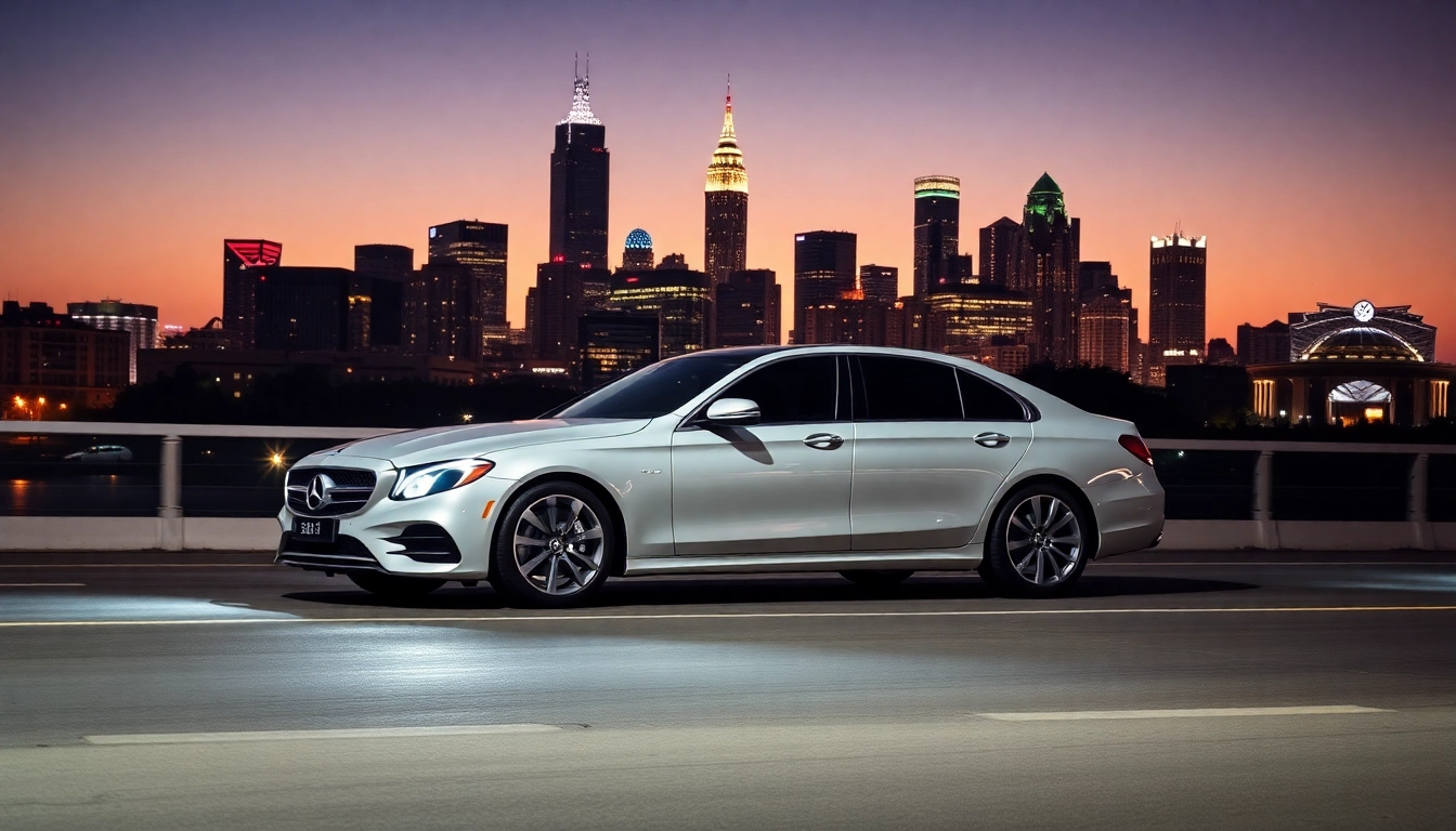 Experience car service atlanta with premium vehicles against a vibrant city backdrop at night.