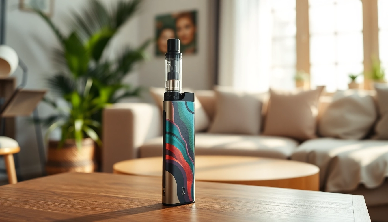 Showcasing a nicotine free disposable vape elegantly placed on a wooden table, enhancing a relaxed atmosphere.