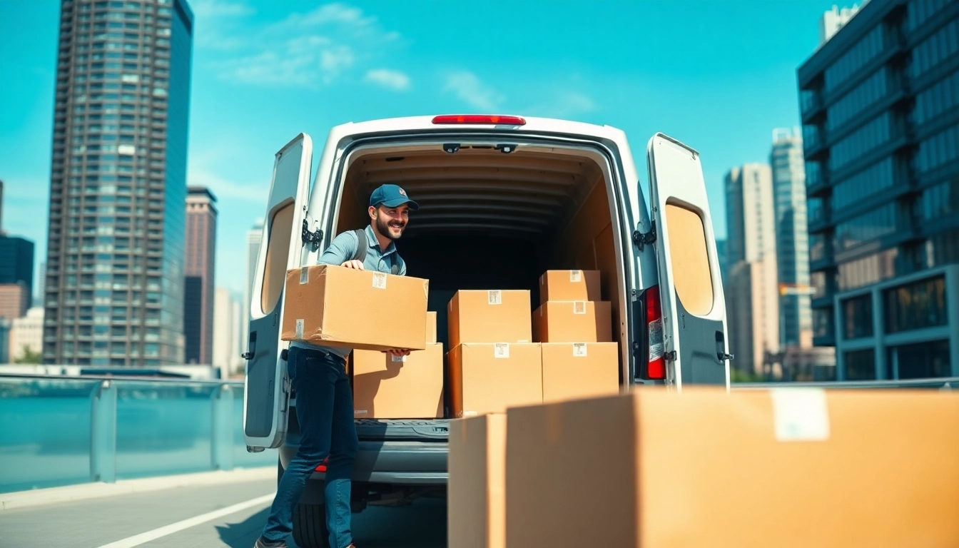 Efficient man and van moving service loading boxes, showcasing professional movers at work.