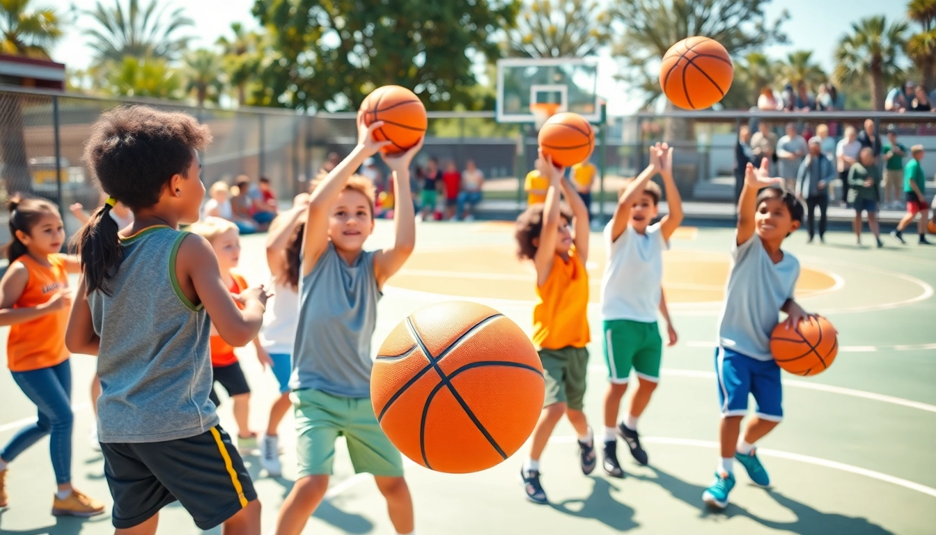 Young basketball enthusiasts practice skills on a sunny outdoor court, showcasing excitement and teamwork.