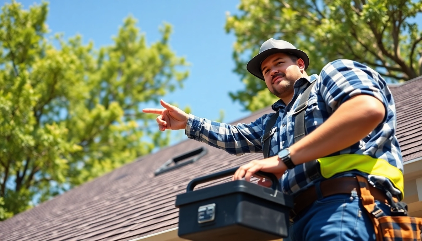 Showcasing professional 5-star roofing contractors Central Texas inspecting a residential roof with detailed textures.