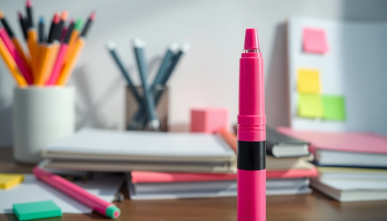 Highlighting text with a pink highlighter pen against an organized workspace.
