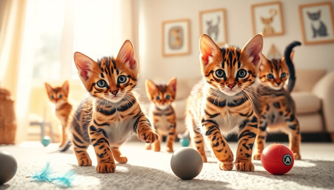 Playful Bengal Kittens for Sale showcasing their unique rosetted coats in a cozy setting.