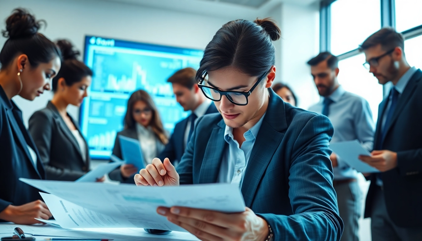 Conducting document verification in a professional office environment.