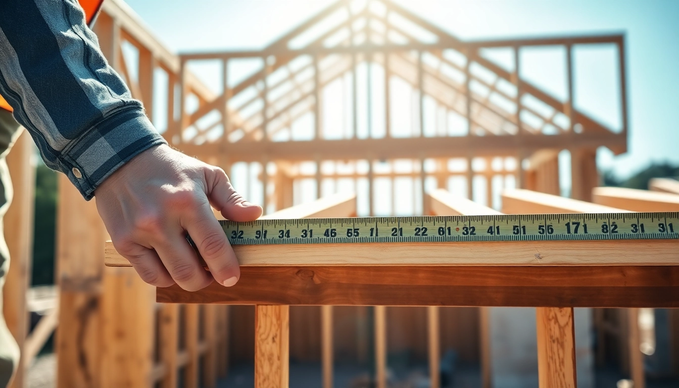 Carpentry apprenticeship near me showcasing a carpenter measuring wood at a construction site.