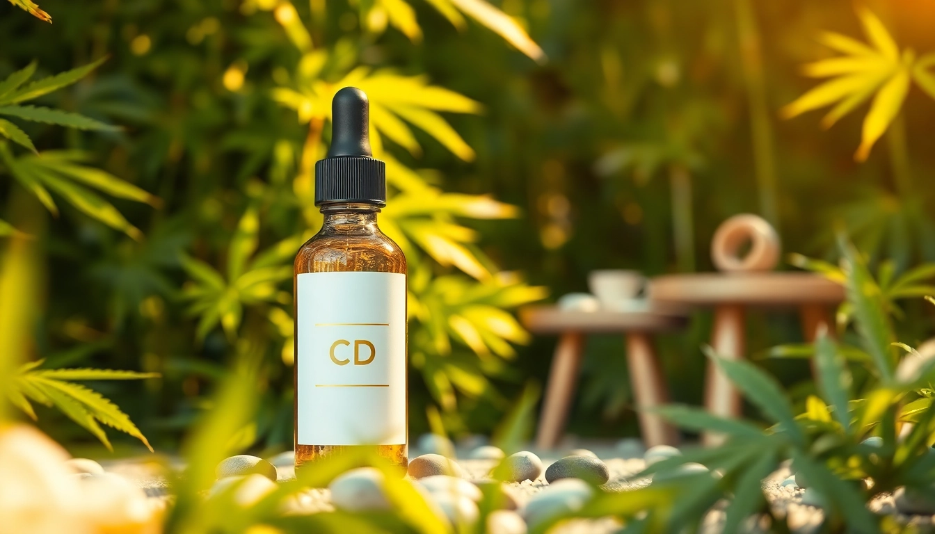 Showcasing CBD oil India, a bottle set among lush greenery exuding natural wellness.