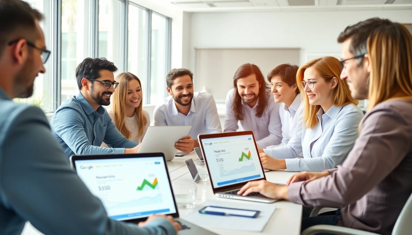 Engaged team analyzing https://inkwellmarketinggroup.com/google-ads-marketing performance in a bright office.