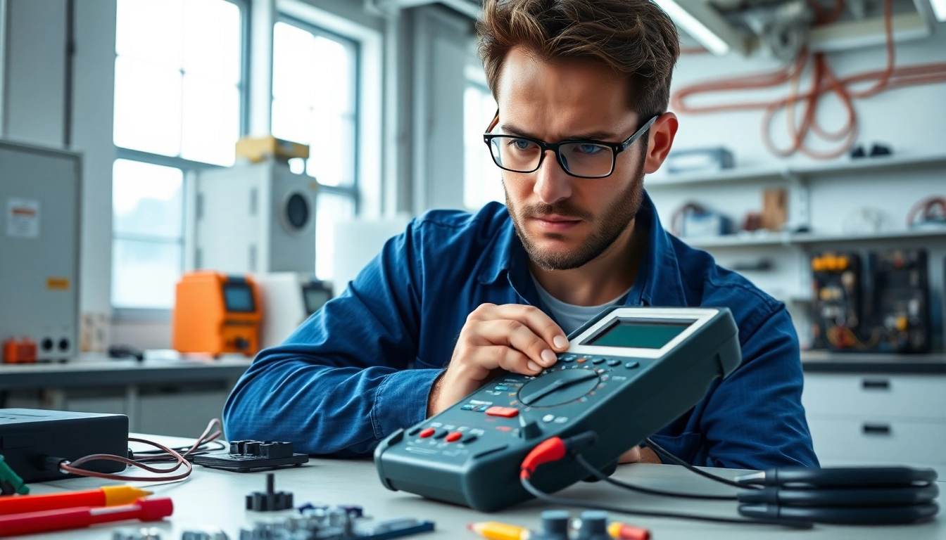 Electrical Equipment Testing: Professional technician analyzing high-tech testing gear in a modern lab.