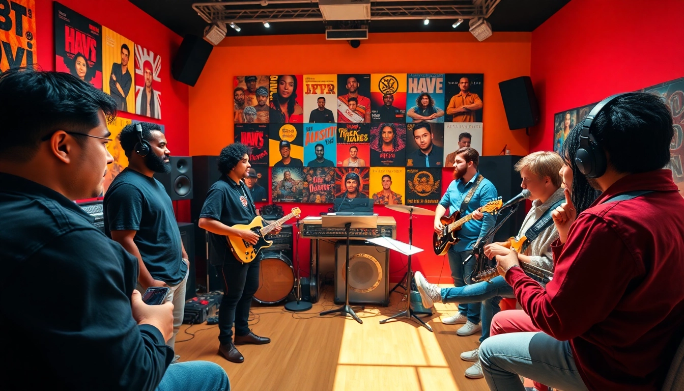 Engaging musicians utilizing music promotion services in vibrant studio setting.