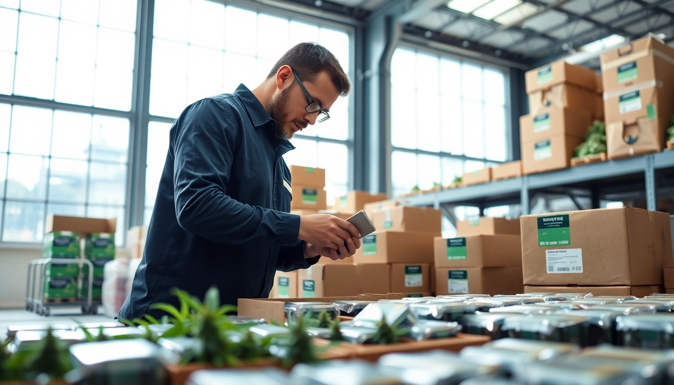 Wholesale/Bulk cannabis products arranged in a professional warehouse setting.